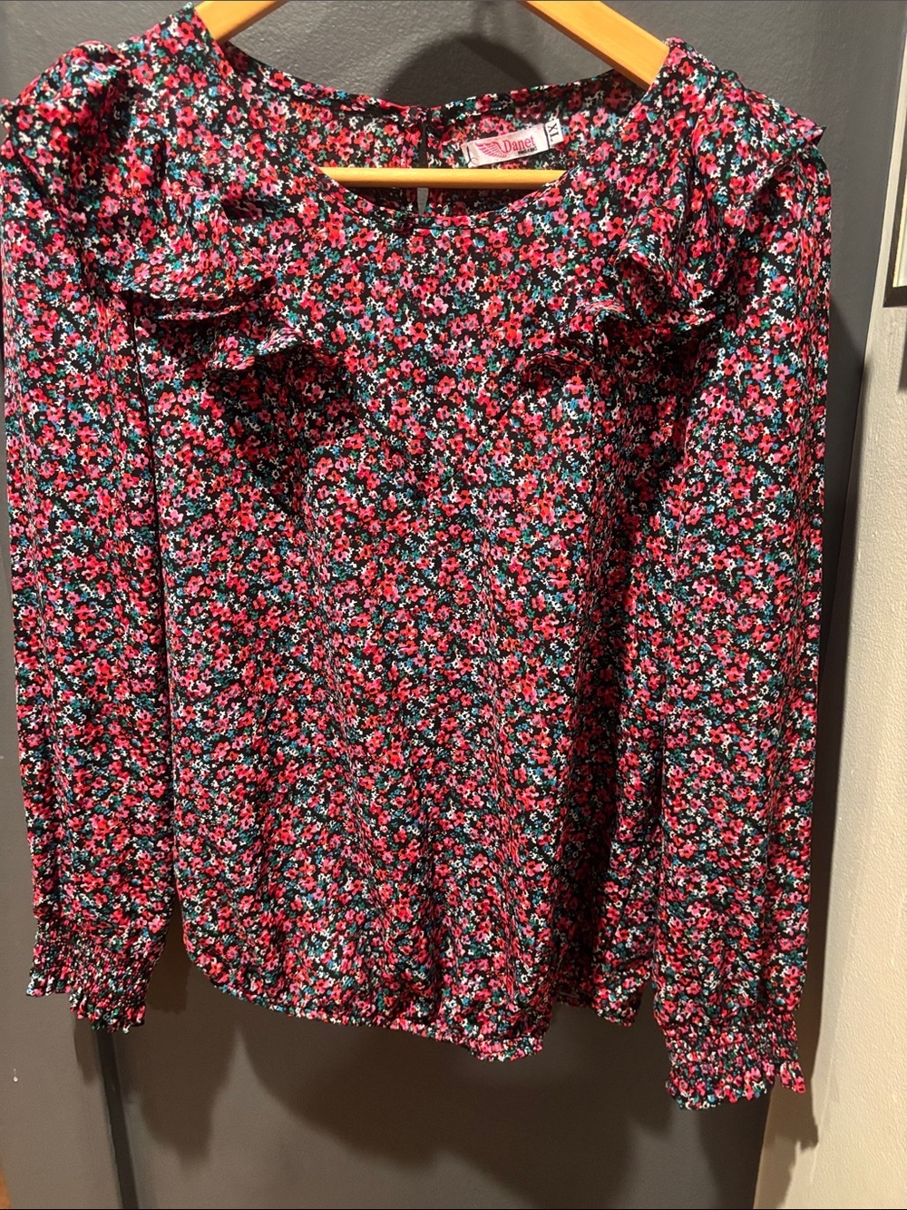 Ina Red Floral Ruffle-Trim Blouse with Black Base